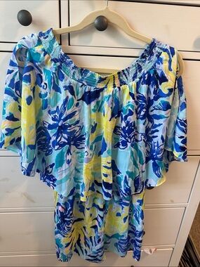 Lilly Pulitzer Blue, Navy & Yellow Floral Off-Shoulder Flounce Romper